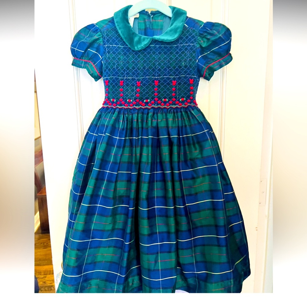 Marco & Lizzy Blue Plaid Silk, Hand Embroidered Dress